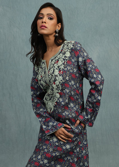 Indigo Marigold Jaal Cotton Silk Hand Block Printed Kaftan