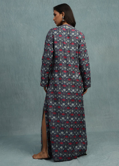 Indigo Marigold Jaal Cotton Silk Hand Block Printed Kaftan
