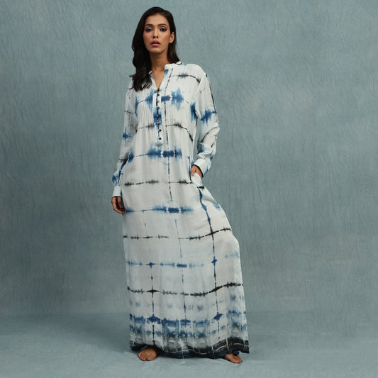 Charcoal Blue Tie Dye Cotton Silk Kaftan