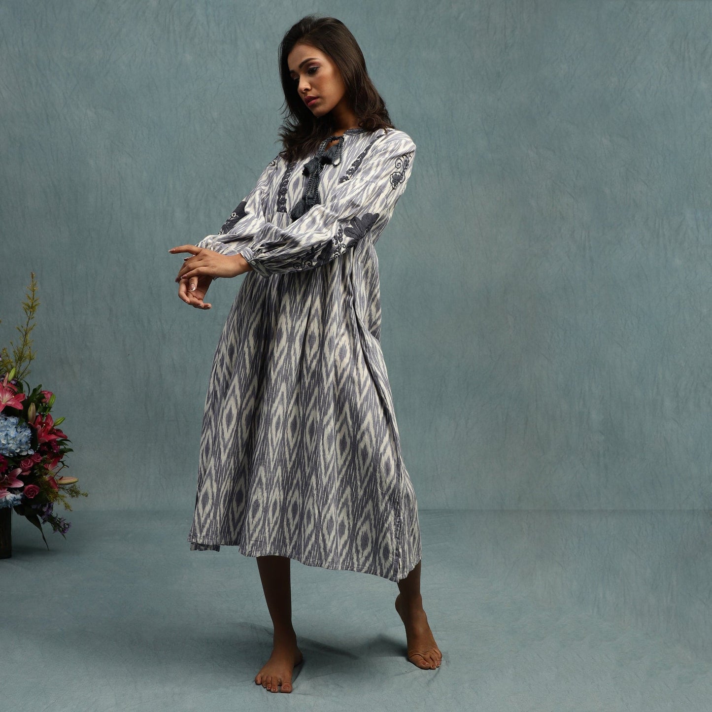 Ikat Embroidered Organic Cotton Handwoven Dress