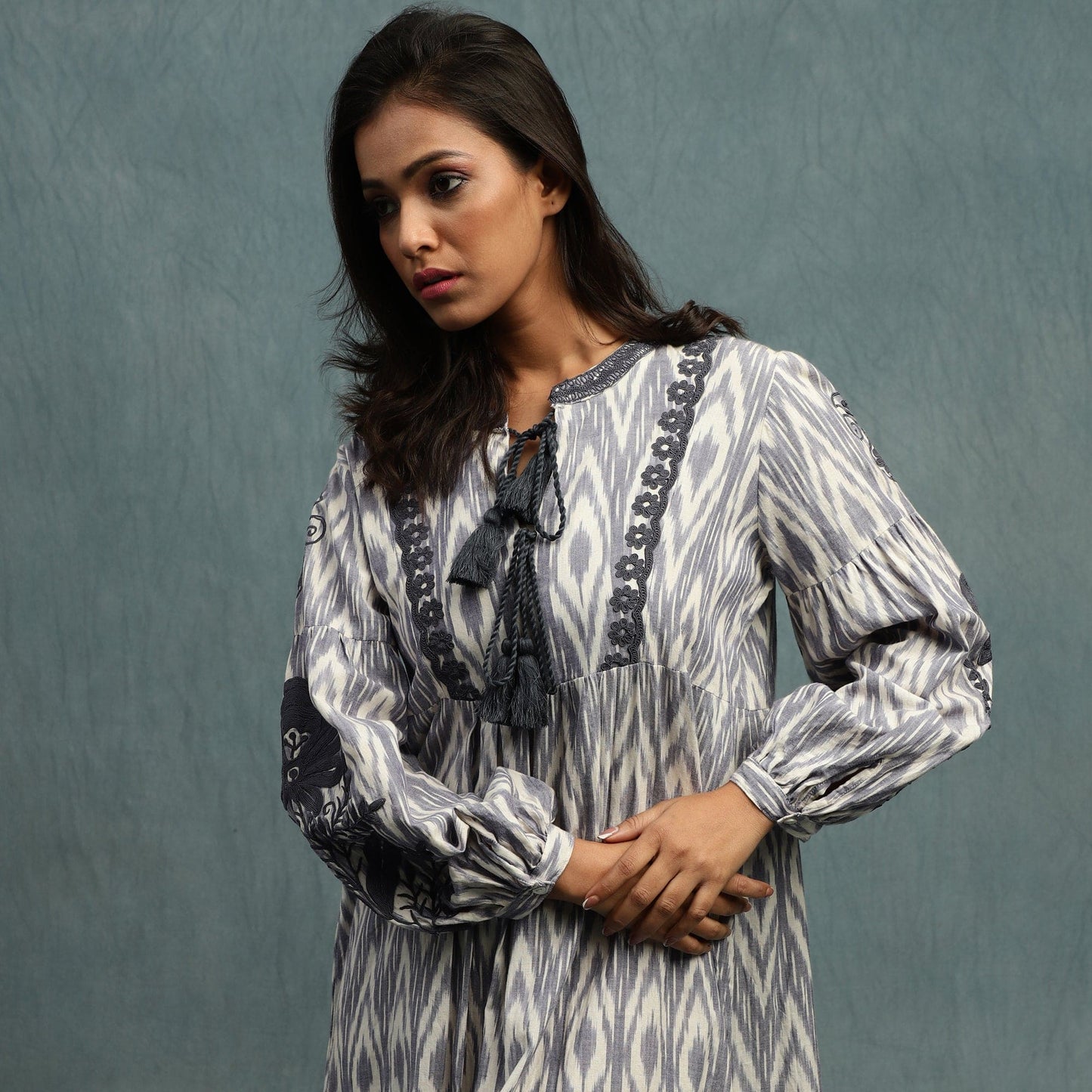 Ikat Embroidered Organic Cotton Handwoven Dress