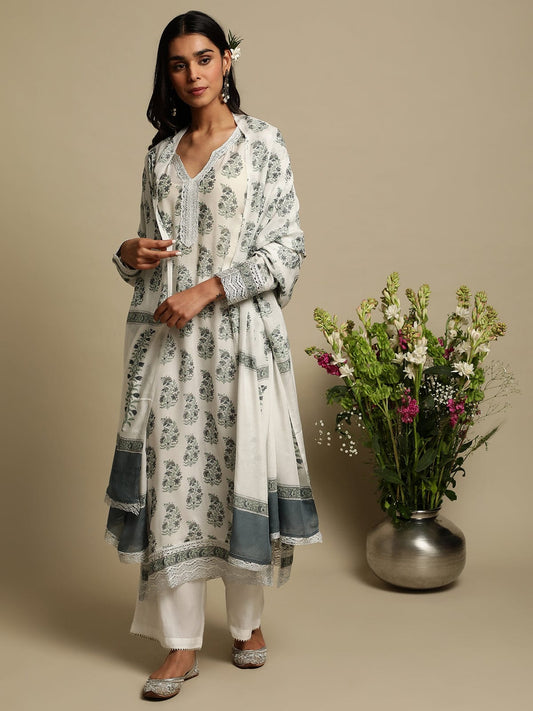 Grey Paisley Bootie Cotton Silk Hand Block Printed Kurta- (3 Pcs Set)