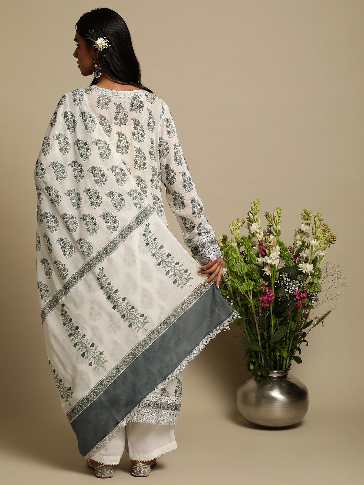 Grey Paisley Bootie Cotton Silk Hand Block Printed Kurta- (3 Pcs Set)
