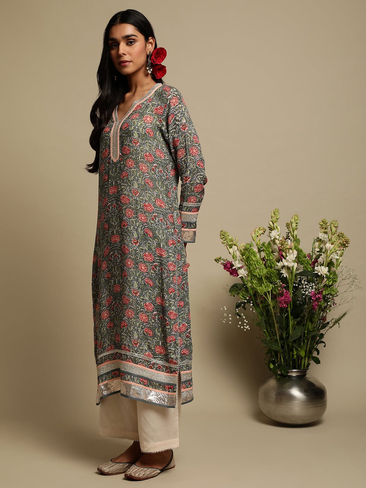Grey Rose Jaal Cotton Silk Hand Block Printed Kurta- (3 Pcs Set)