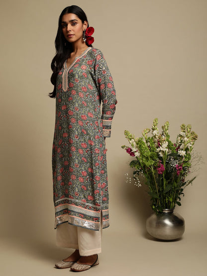 Grey Rose Jaal Cotton Silk Hand Block Printed Kurta- (3 Pcs Set)
