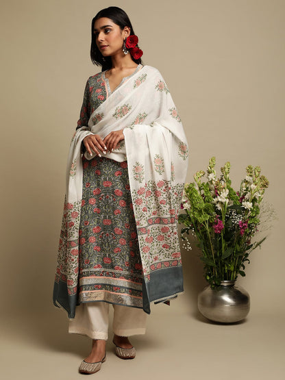 Grey Rose Jaal Cotton Silk Hand Block Printed Kurta- (3 Pcs Set)