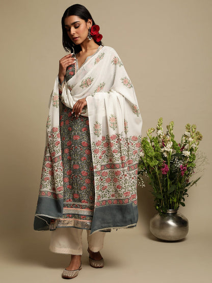 Grey Rose Jaal Cotton Silk Hand Block Printed Kurta- (3 Pcs Set)