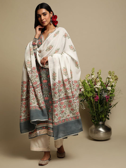 Grey Rose Jaal Cotton Silk Hand Block Printed Kurta- (3 Pcs Set)