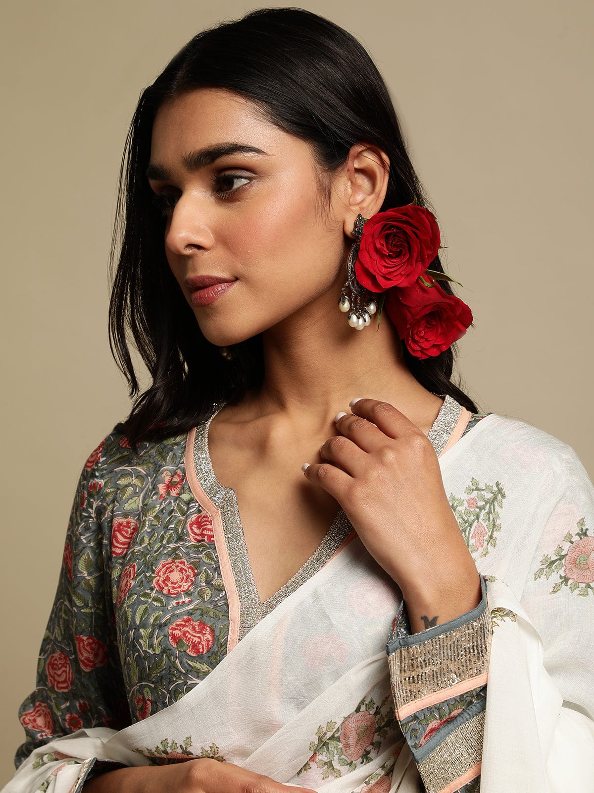 Grey Rose Jaal Cotton Silk Hand Block Printed Kurta- (3 Pcs Set)