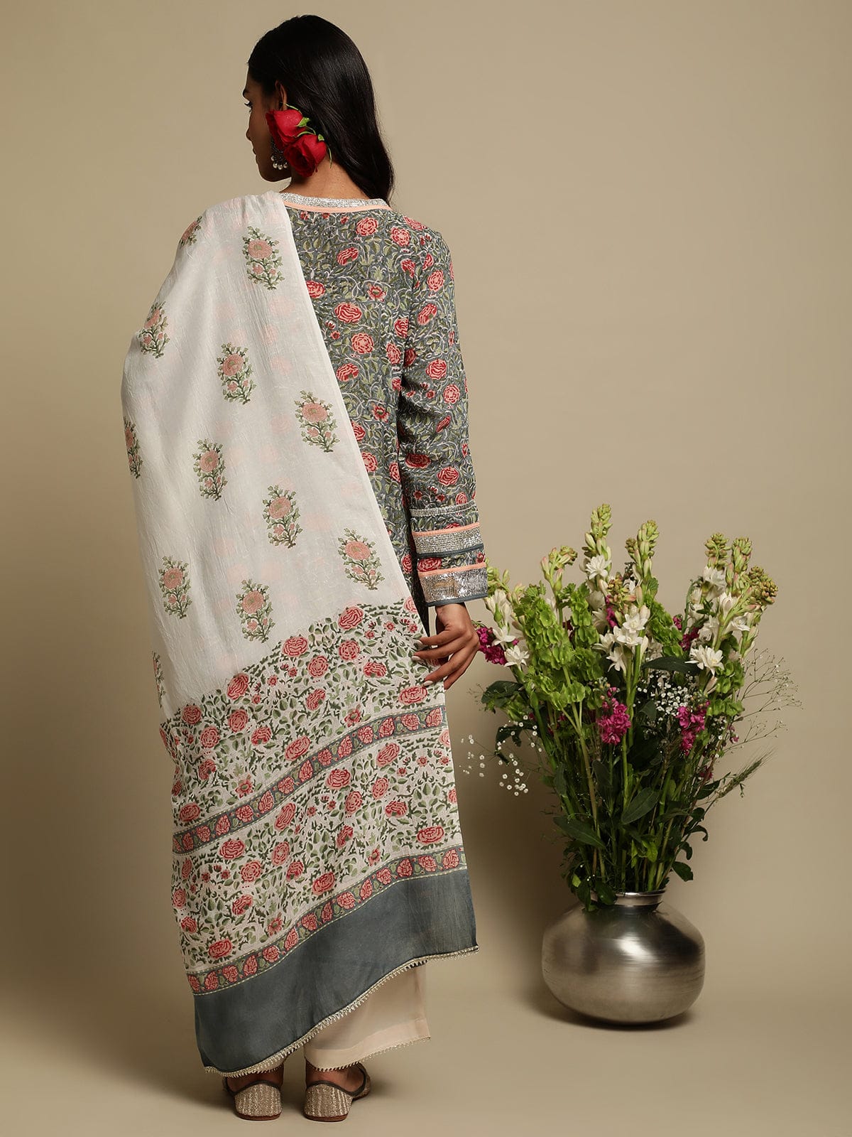 Grey Rose Jaal Cotton Silk Hand Block Printed Kurta- (3 Pcs Set)