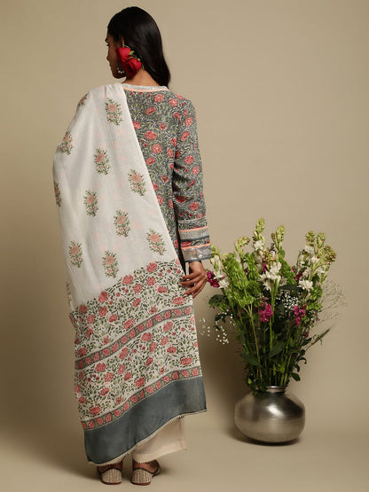 Grey Rose Jaal Cotton Silk Hand Block Printed Kurta- (3 Pcs Set)