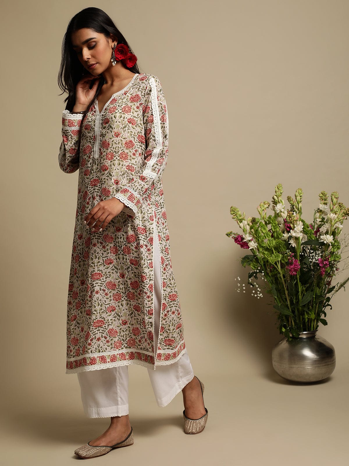 Coral Jaal Organic Cotton Hand Block Printed Kurta - (3 Pcs Set)