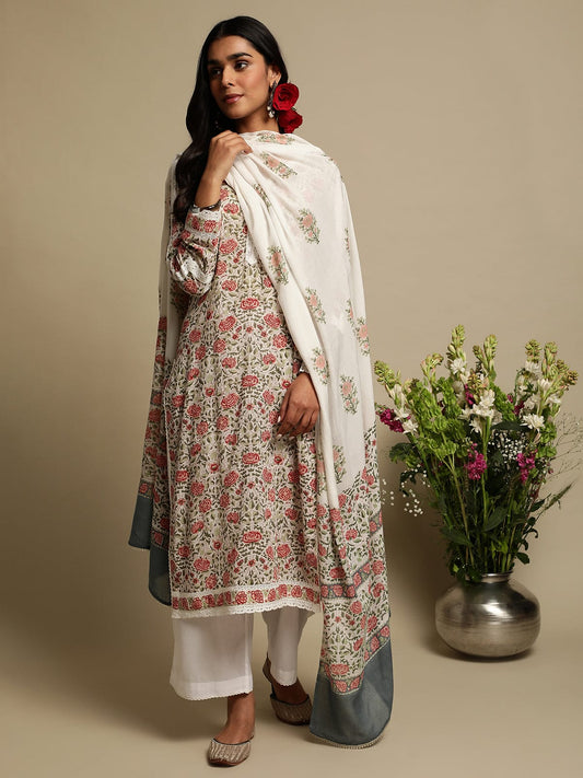 Coral Jaal Organic Cotton Hand Block Printed Kurta - (3 Pcs Set)