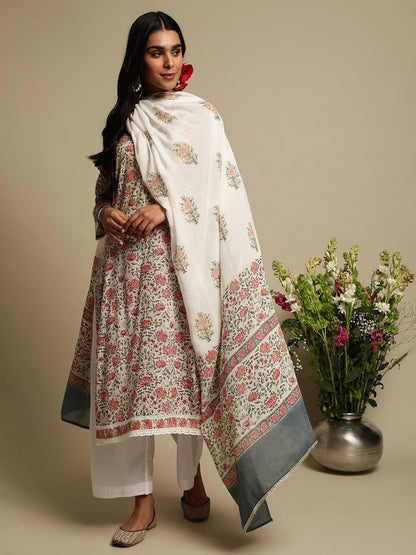 Coral Jaal Organic Cotton Hand Block Printed Kurta - (3 Pcs Set)