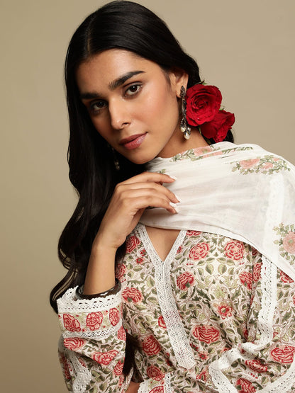 Coral Jaal Organic Cotton Hand Block Printed Kurta - (3 Pcs Set)
