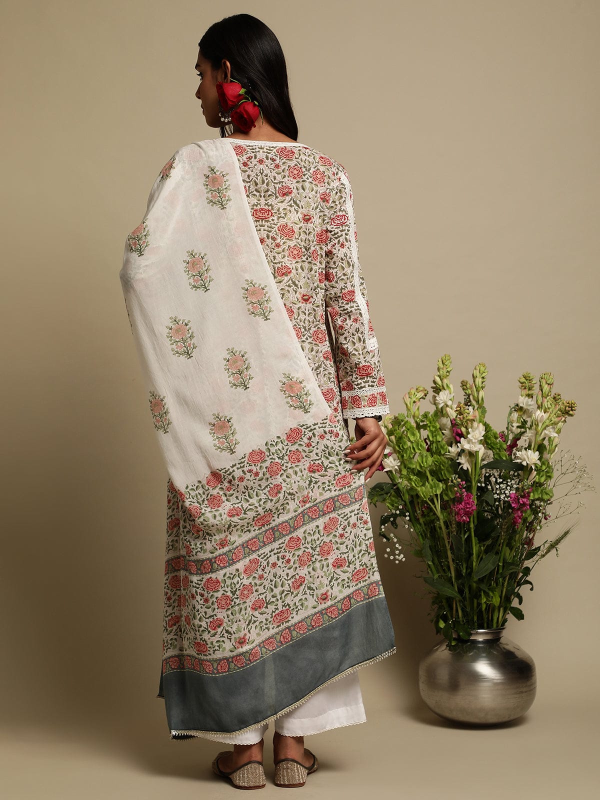 Coral Jaal Organic Cotton Hand Block Printed Kurta - (3 Pcs Set)