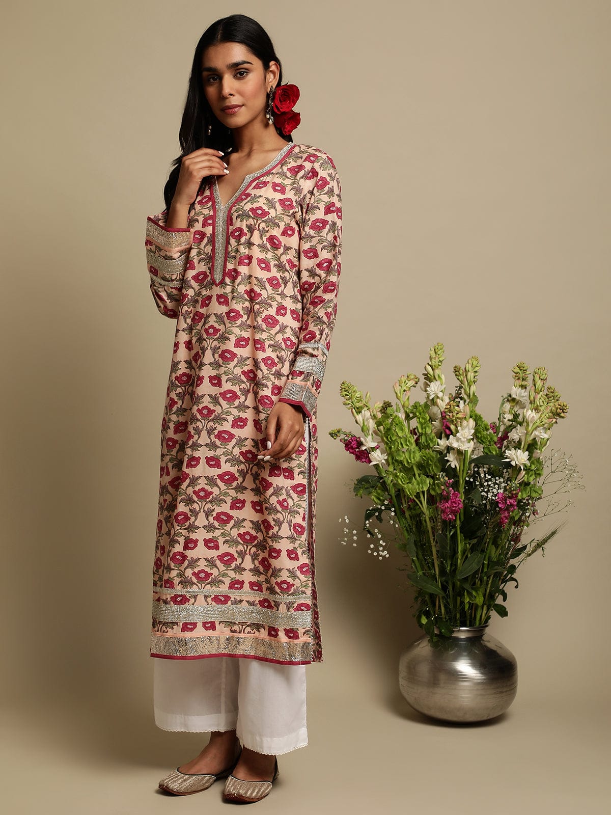 Fuchsia Peony Organic Cotton Hand Block Printed Kurta - (3 Pcs Set)