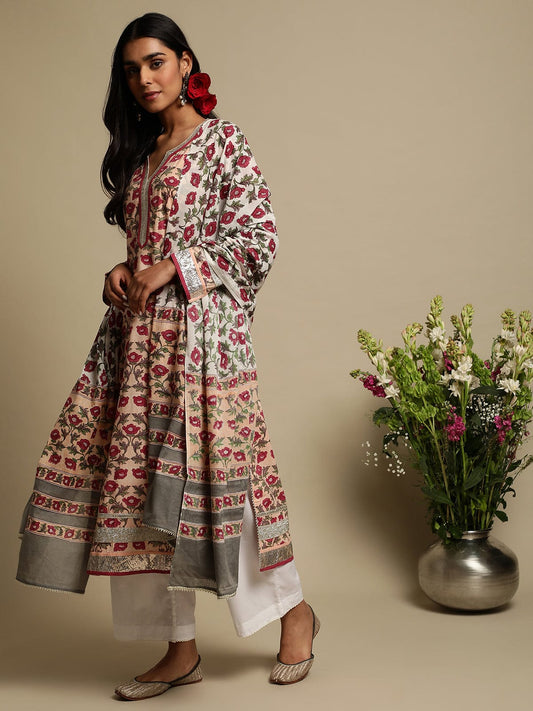 Fuchsia Peony Organic Cotton Hand Block Printed Kurta - (3 Pcs Set)