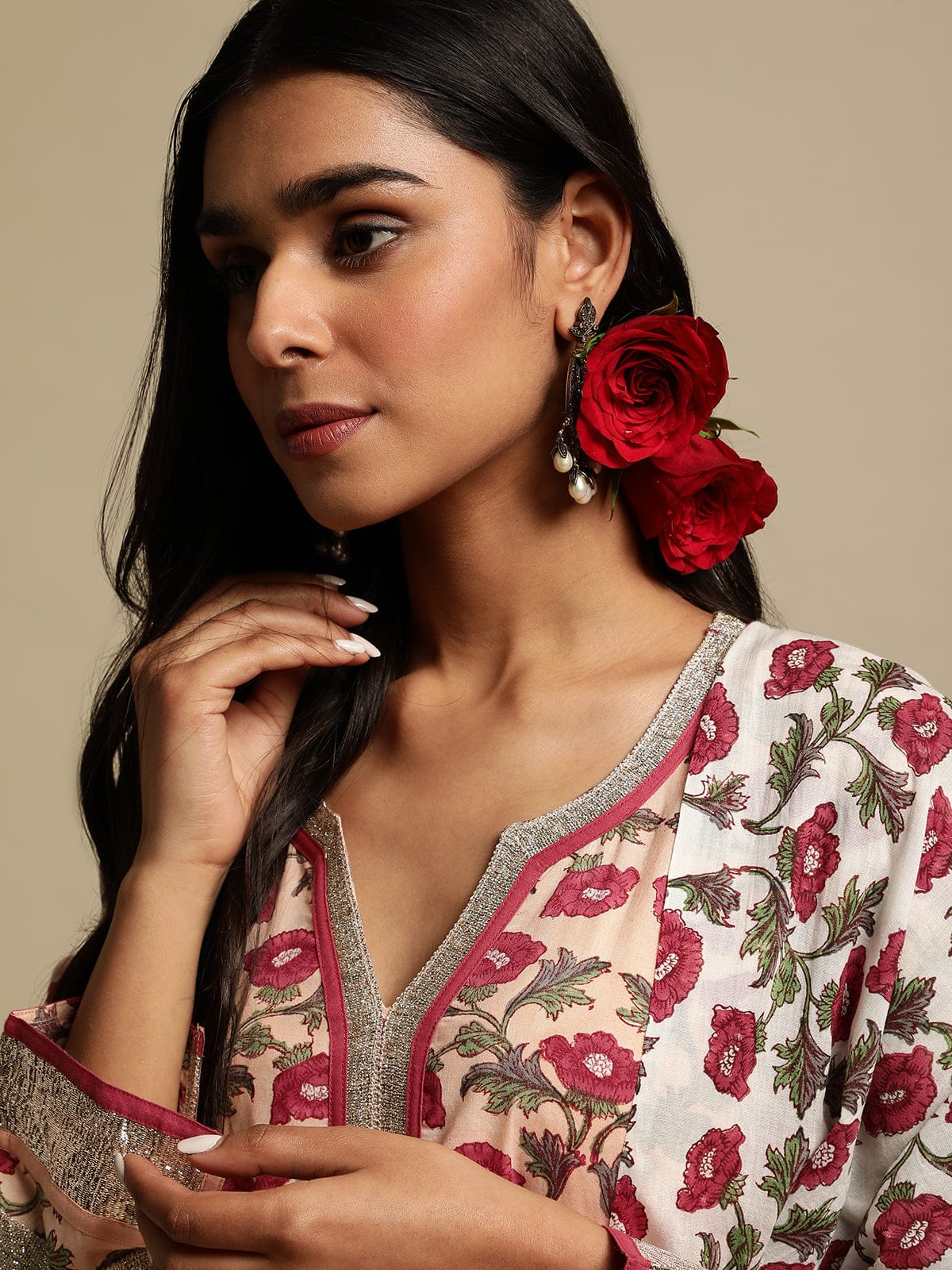 Fuchsia Peony Organic Cotton Hand Block Printed Kurta - (3 Pcs Set)