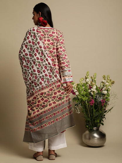 Fuchsia Peony Organic Cotton Hand Block Printed Kurta - (3 Pcs Set)