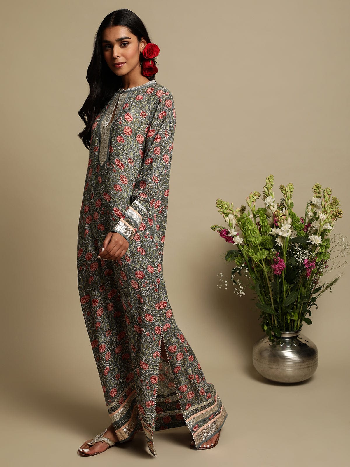 Grey Rose Jaal Cotton Silk Hand Block Printed Kaftan