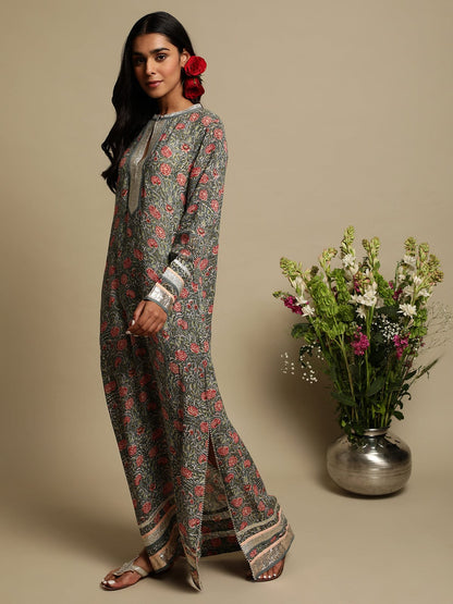 Grey Rose Jaal Cotton Silk Hand Block Printed Kaftan