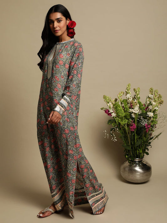 Grey Rose Jaal Cotton Silk Hand Block Printed Kaftan