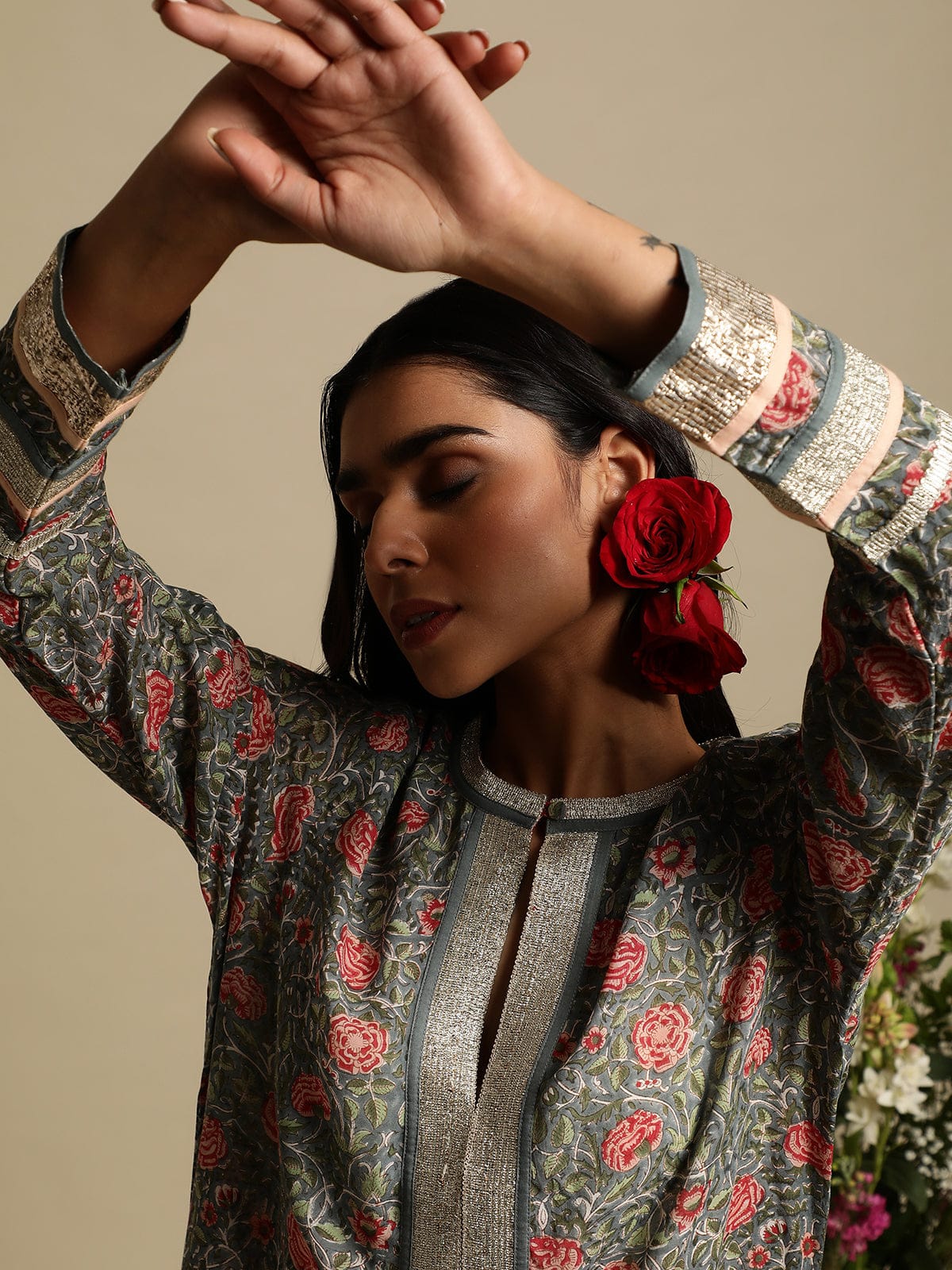 Grey Rose Jaal Cotton Silk Hand Block Printed Kaftan
