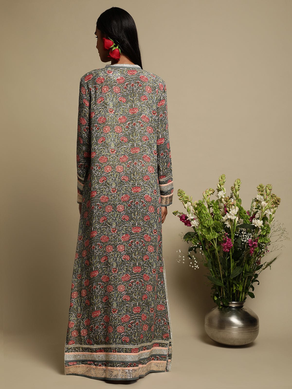 Grey Rose Jaal Cotton Silk Hand Block Printed Kaftan