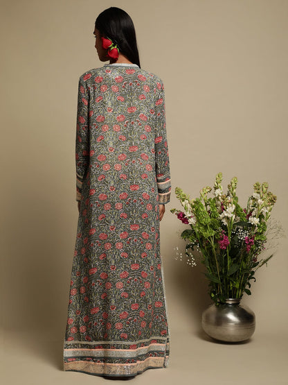 Grey Rose Jaal Cotton Silk Hand Block Printed Kaftan