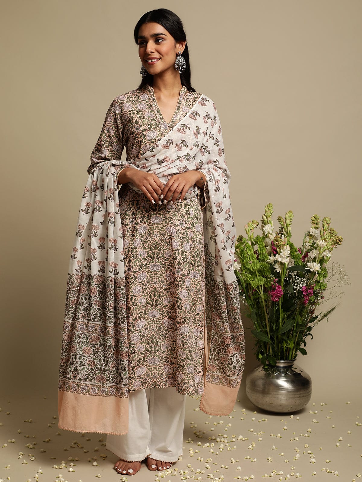 Pink Jaal Organic Cotton Hand Block Printed Kurta - (3 Pcs Set)