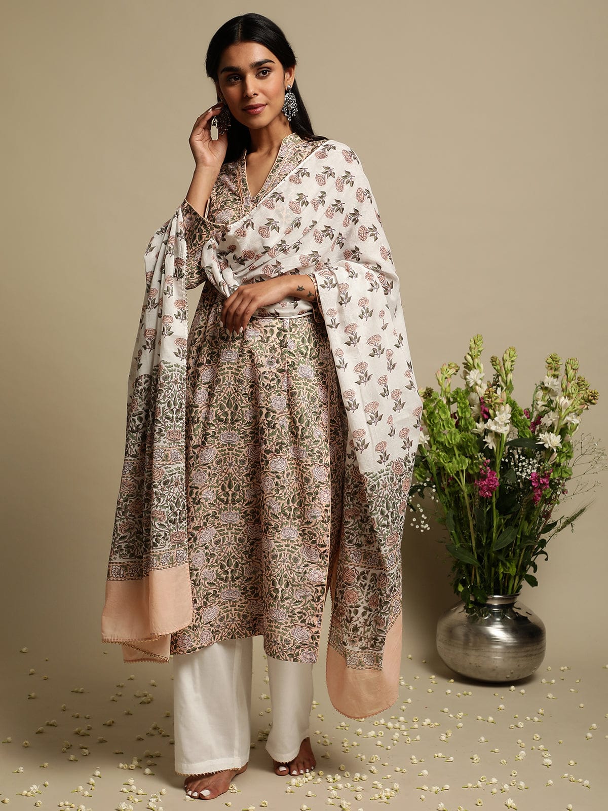 Pink Jaal Organic Cotton Hand Block Printed Kurta - (3 Pcs Set)