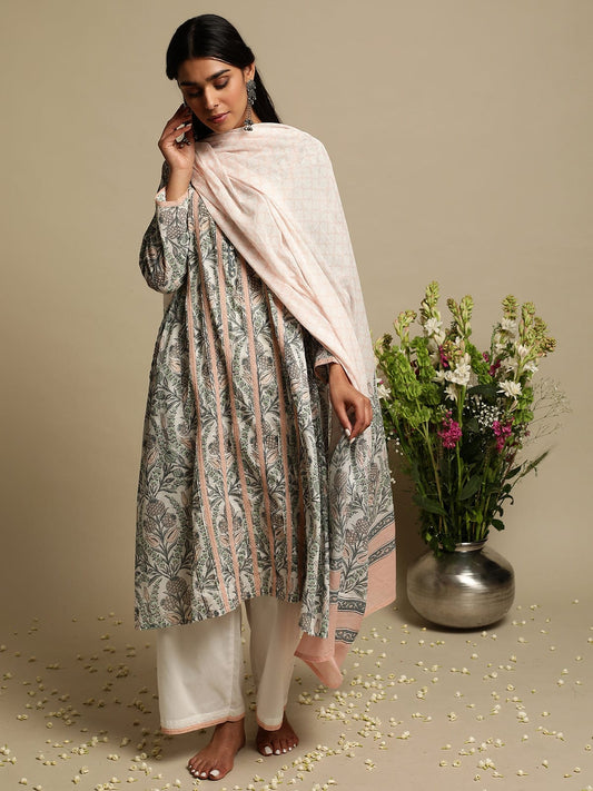 Blush Jaal Organic Cotton Hand Block Printed Kurta - (3 Pcs Set)