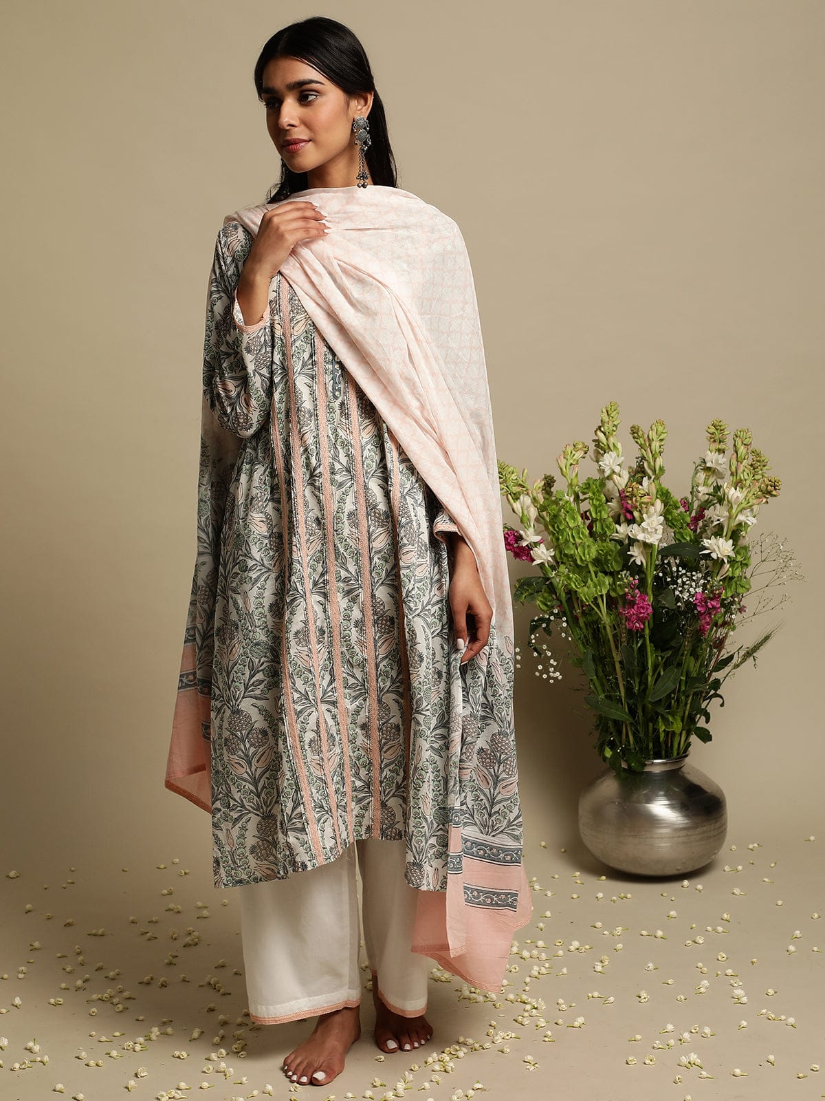 Blush Jaal Organic Cotton Hand Block Printed Kurta - (3 Pcs Set)