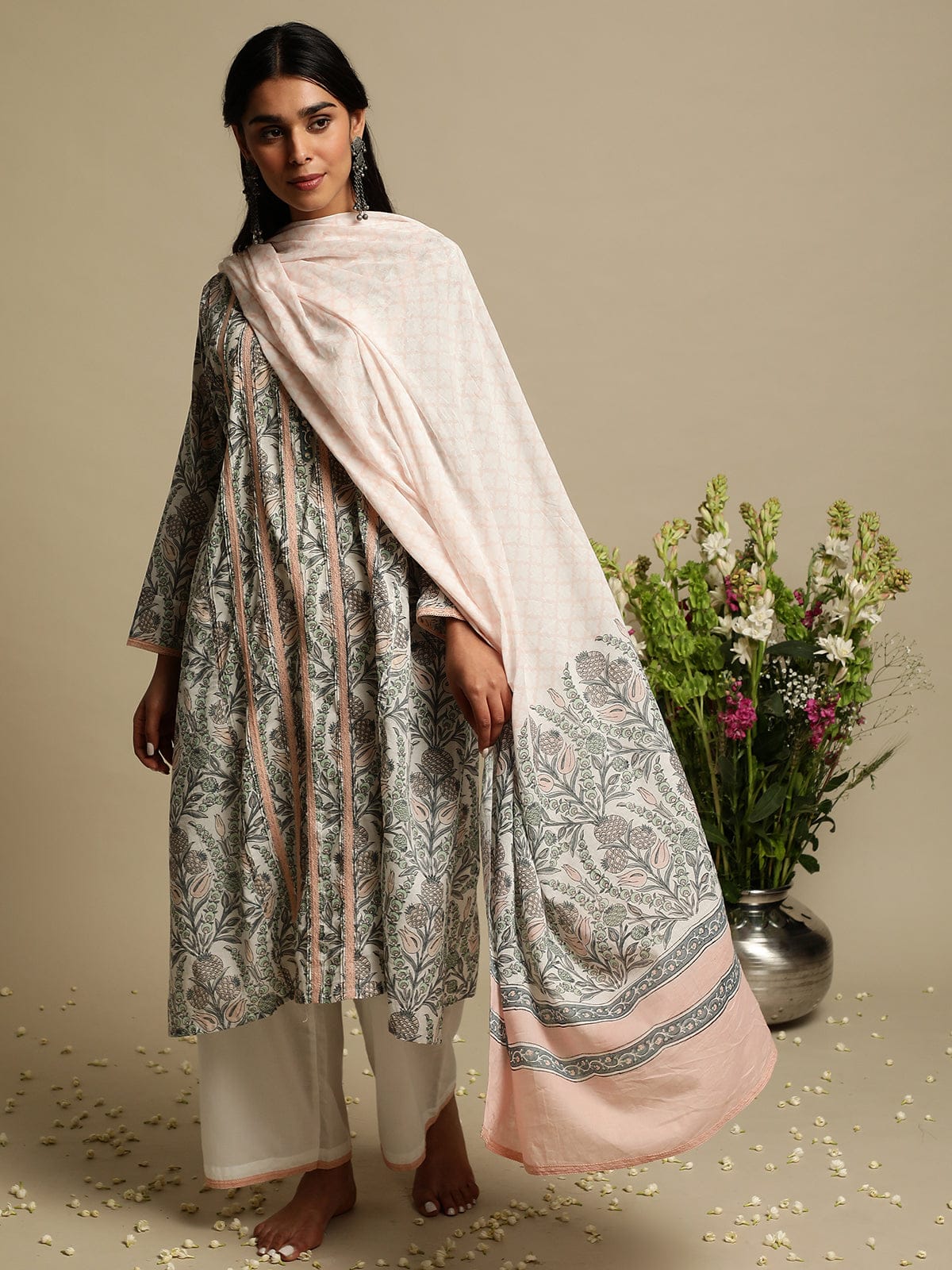 Blush Jaal Organic Cotton Hand Block Printed Kurta - (3 Pcs Set)
