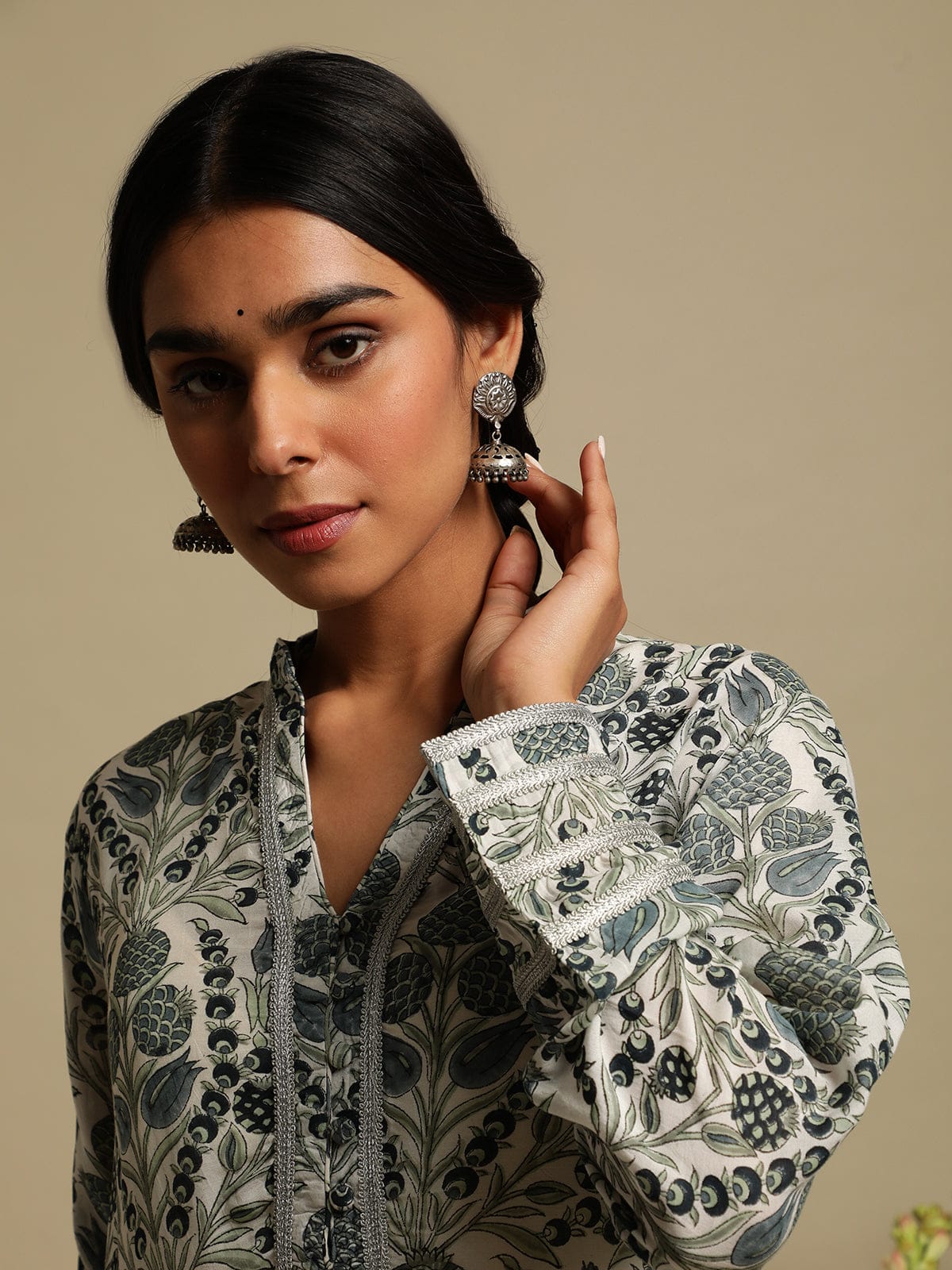 Indigo Anaar Jaal Cotton Silk Hand Block Printed Kurta- (3 Pcs Set)
