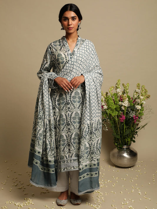 Indigo Anaar Jaal Cotton Silk Hand Block Printed Kurta- (3 Pcs Set)