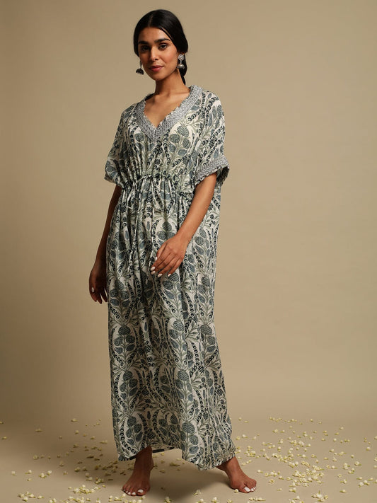 Grey Anaar Jaal Cotton Silk Hand Block Printed Kaftan