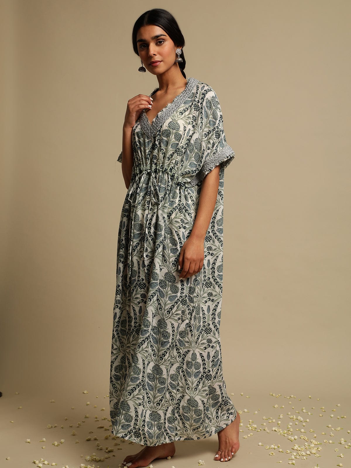 Grey Anaar Jaal Cotton Silk Hand Block Printed Kaftan