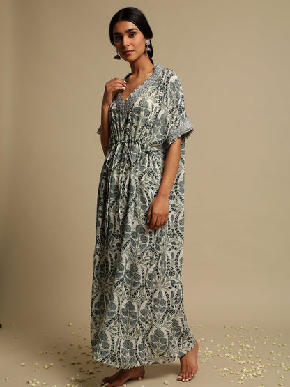 Grey Anaar Jaal Cotton Silk Hand Block Printed Kaftan