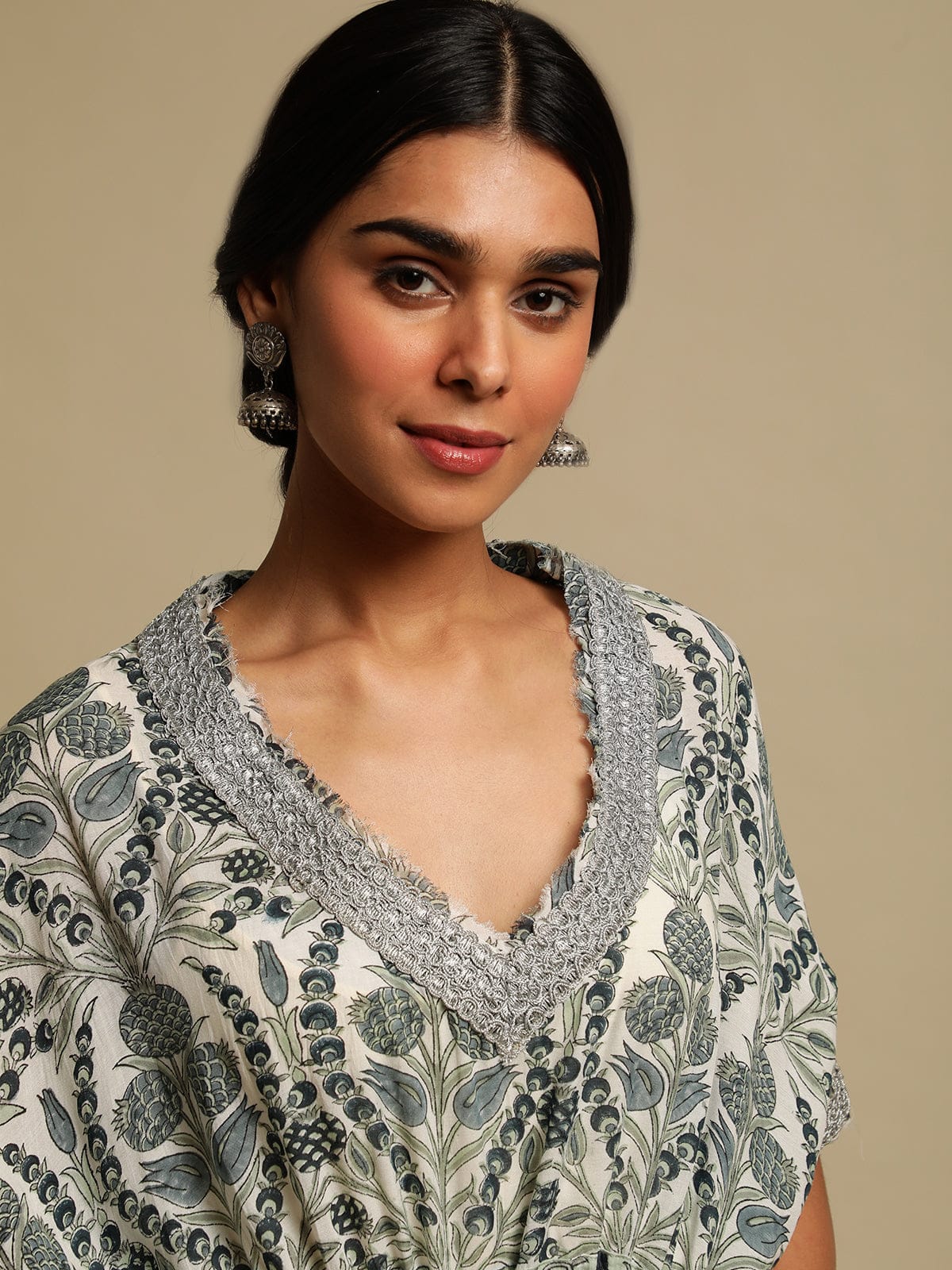 Grey Anaar Jaal Cotton Silk Hand Block Printed Kaftan