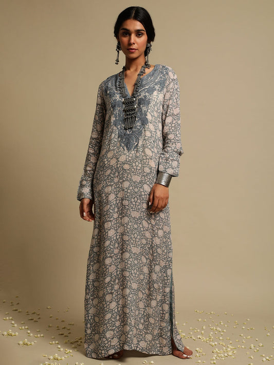 Grey/Brown Block Printed Cotton Silk Embroidered Kaftan