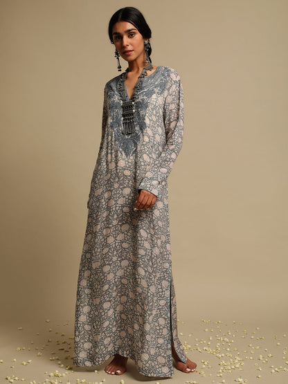 Grey/Brown Block Printed Cotton Silk Embroidered Kaftan