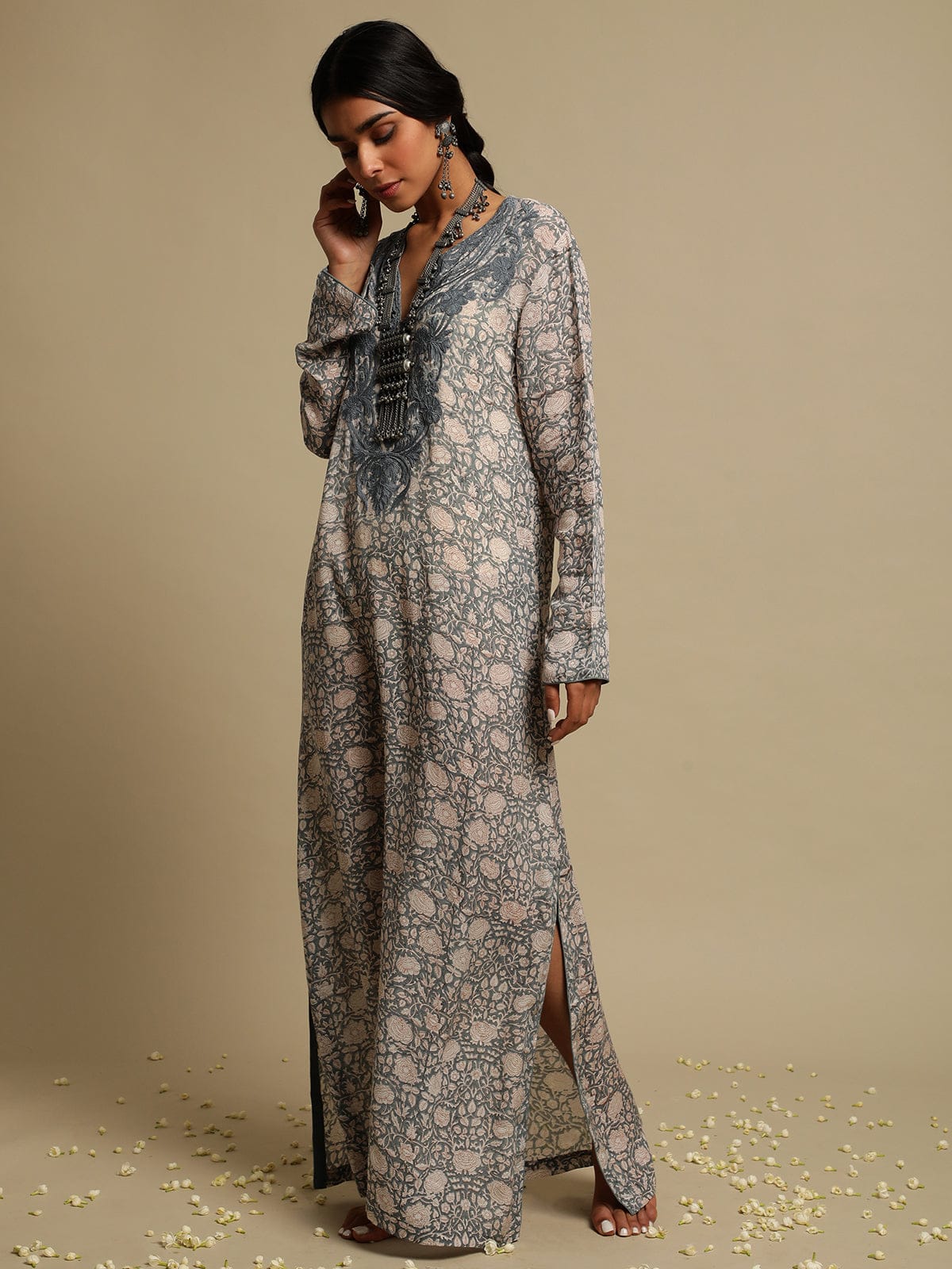 Grey/Brown Block Printed Cotton Silk Embroidered Kaftan