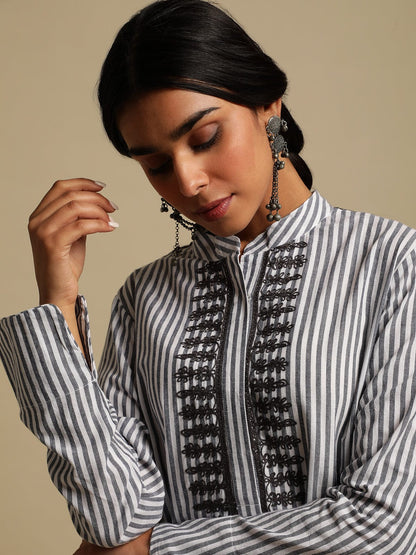 Grey Stripes Woven Cotton Embroidered Kaftan
