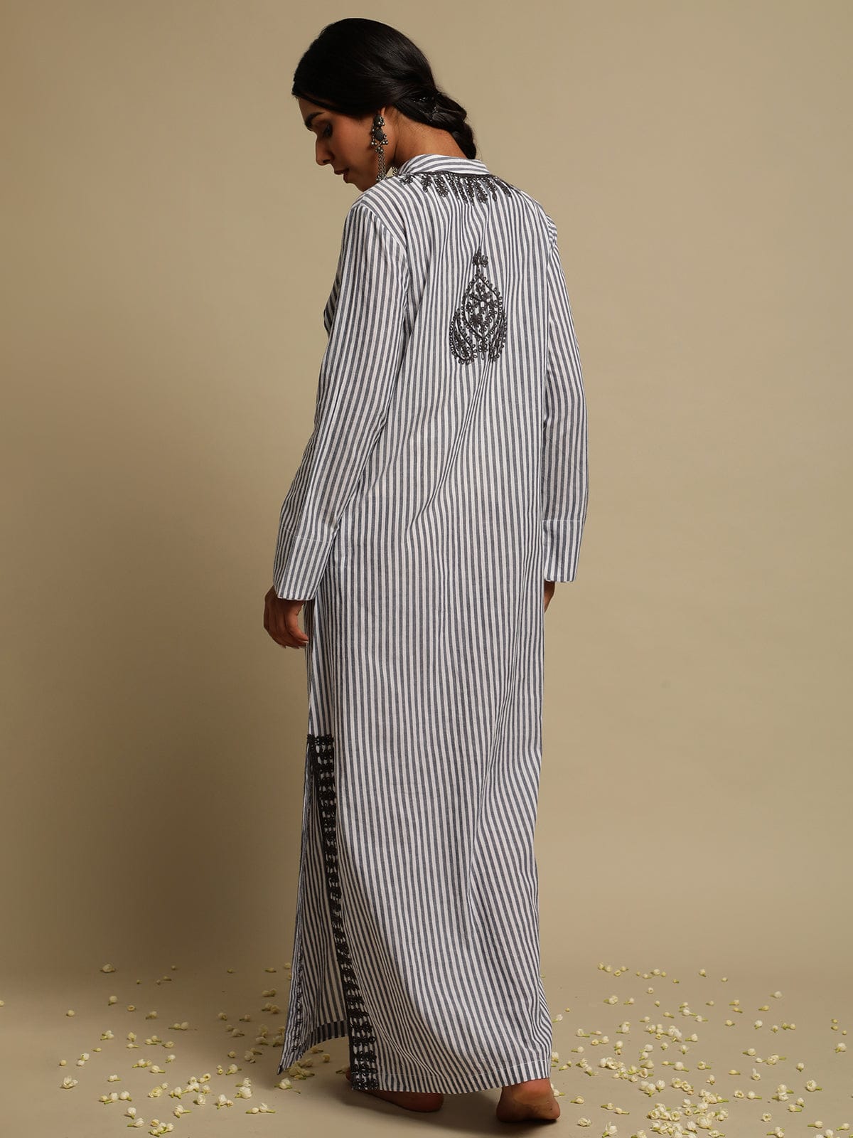 Grey Stripes Woven Cotton Embroidered Kaftan