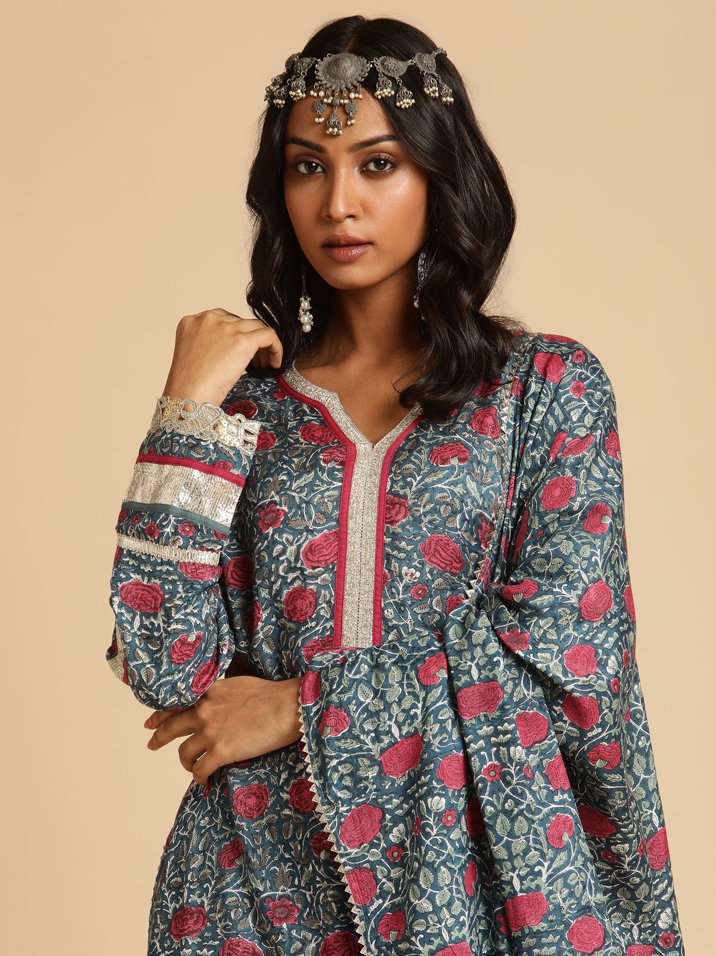 Indigo Blue Rose Jaal Cotton Silk Hand Block Printed Kurta- (3 Pcs Set)
