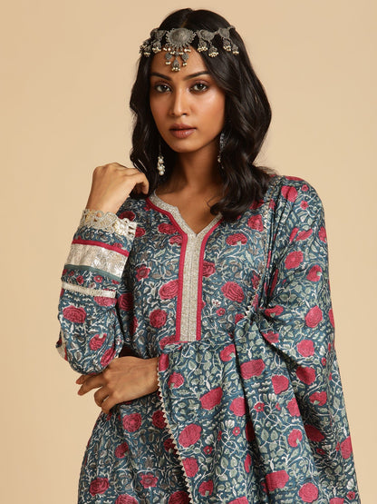 Indigo Blue Rose Jaal Cotton Silk Hand Block Printed Kurta- (3 Pcs Set)