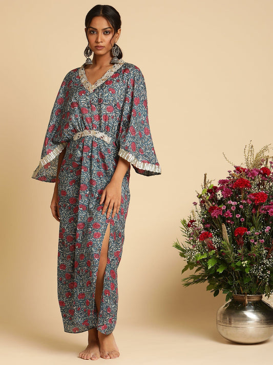 Indigo Blue Rose Jaal Cotton Silk Hand Block Printed Kaftan Dress