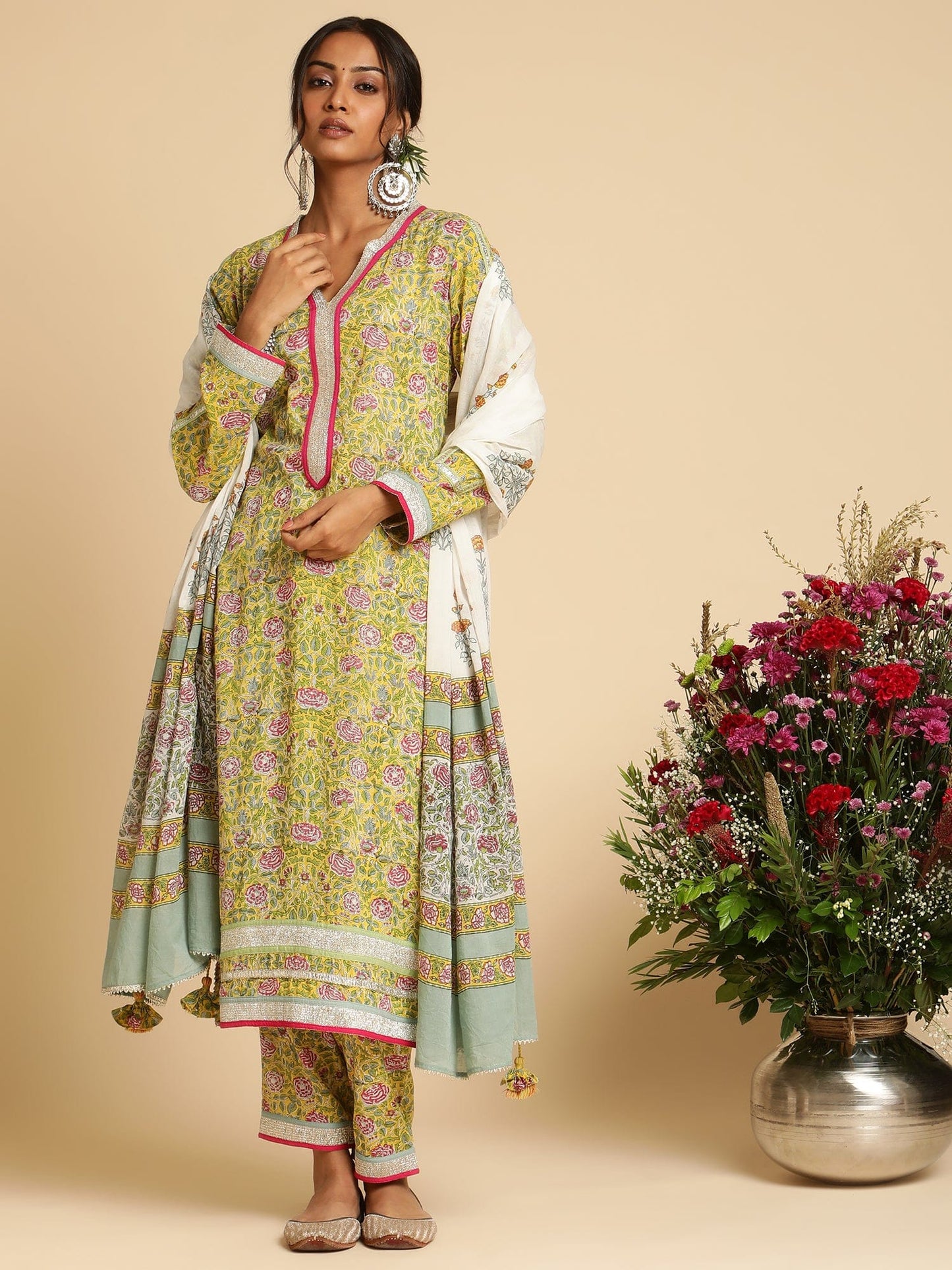 Yellow Rose Jaal Organic Cotton Hand Block Printed Kurta - (3 Pcs Set)